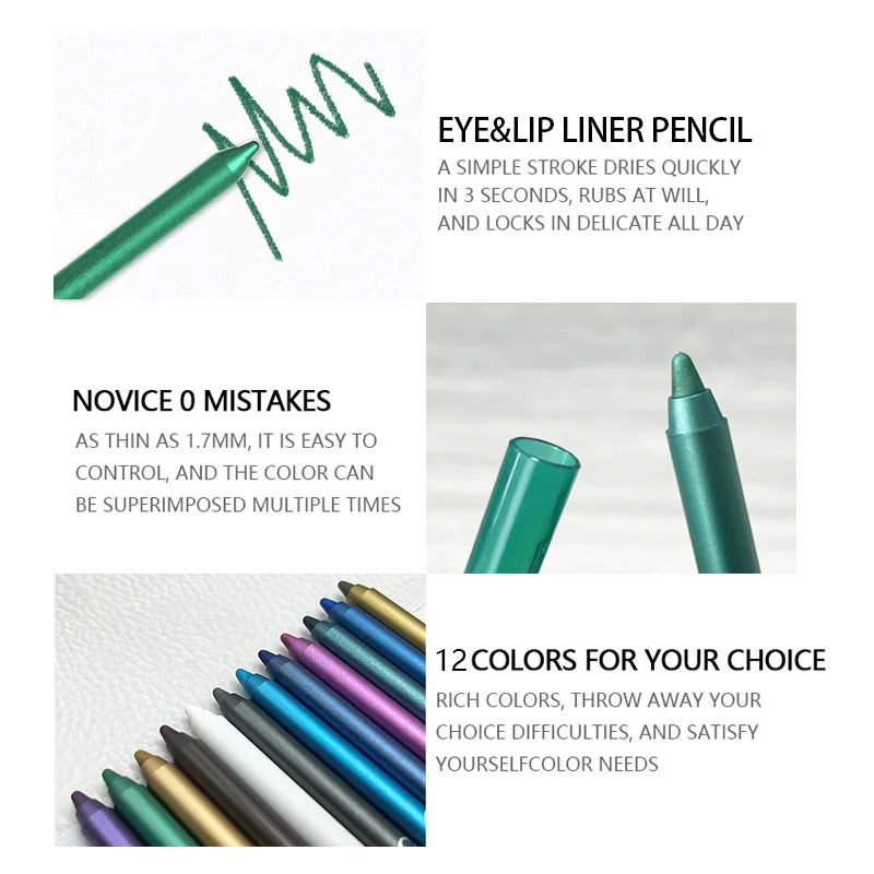 Green eye and lip liner pencil with product features on a white background