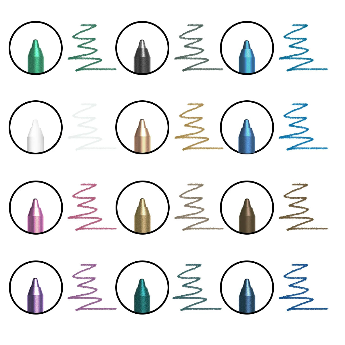 Set of metallic pen caps with wavy lines on a white background