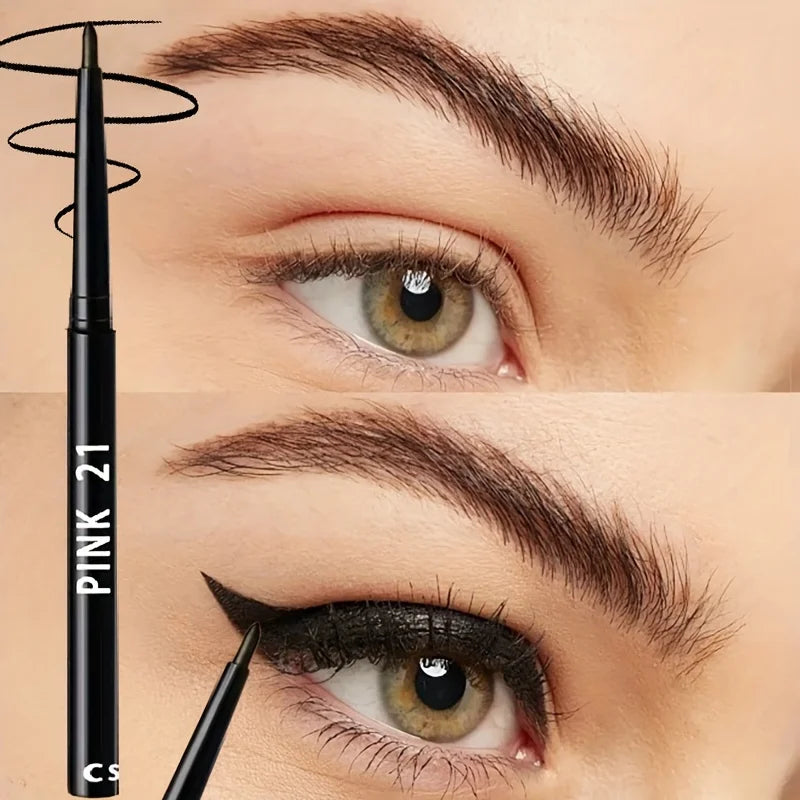 Eyebrow pencil being used on a person's eye with close-up of product