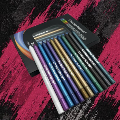 Set of colored pencils with a black and pink abstract background