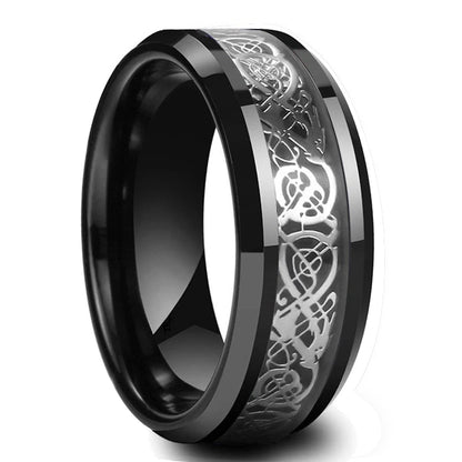 Black tungsten ring with silver Celtic knot design on a white background