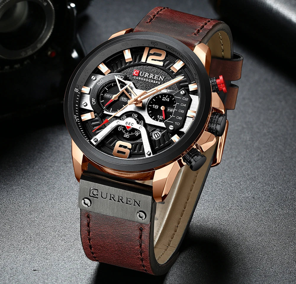 Curren watch with brown leather strap and rose gold accents on a dark background