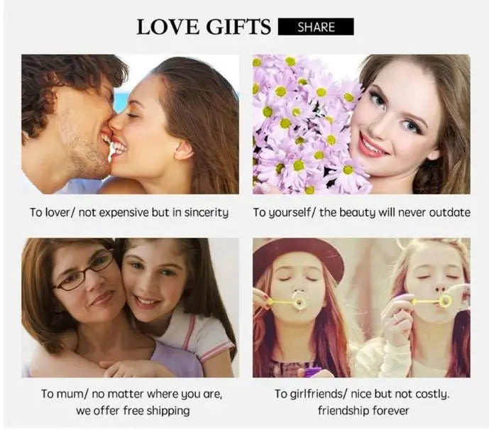 Advertisement for love gifts with images of a couple, flowers, a family, and two girls blowing bubbles.