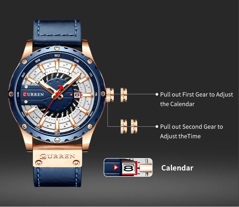 Curren watch with blue strap and rose gold accents on a dark background
