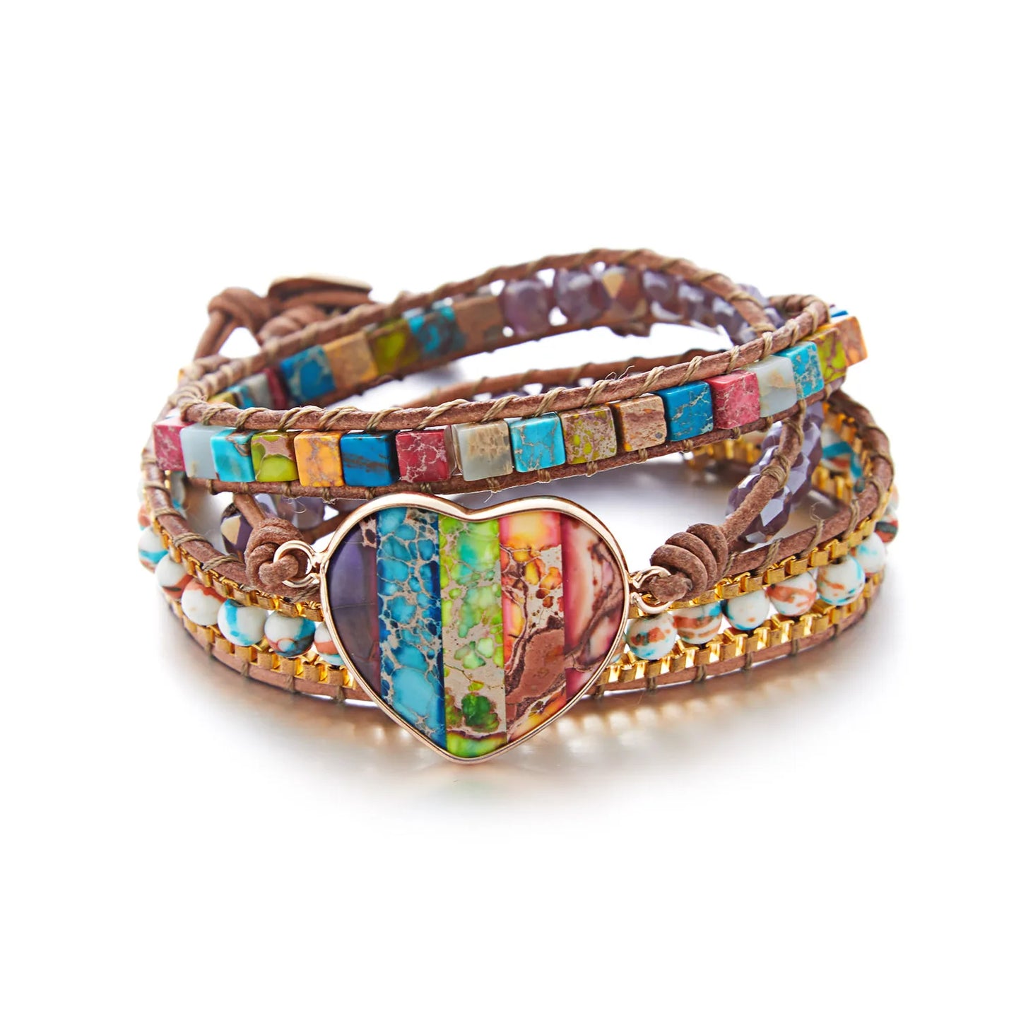 Multicolored beaded bracelet with a heart-shaped clasp on a white background