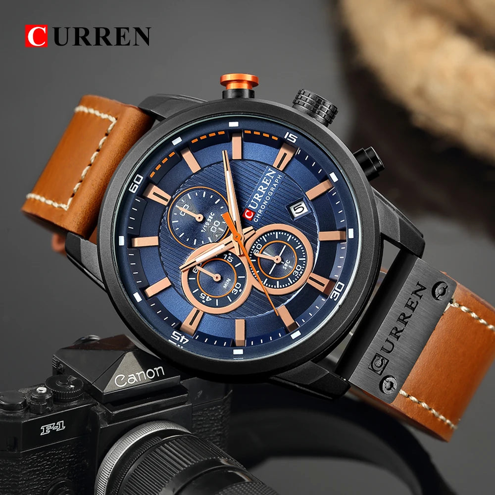 Curren watch with brown leather strap and blue dial on a blurred background