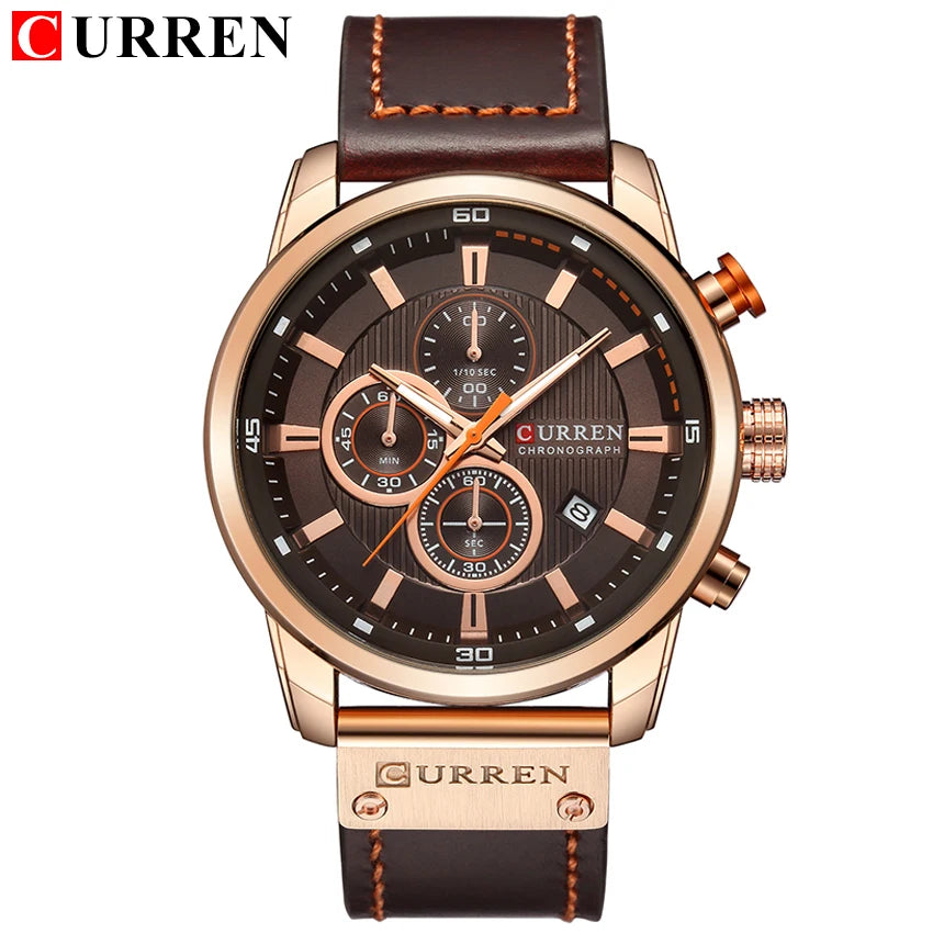 Curren watch with brown leather strap and rose gold casing on a white background