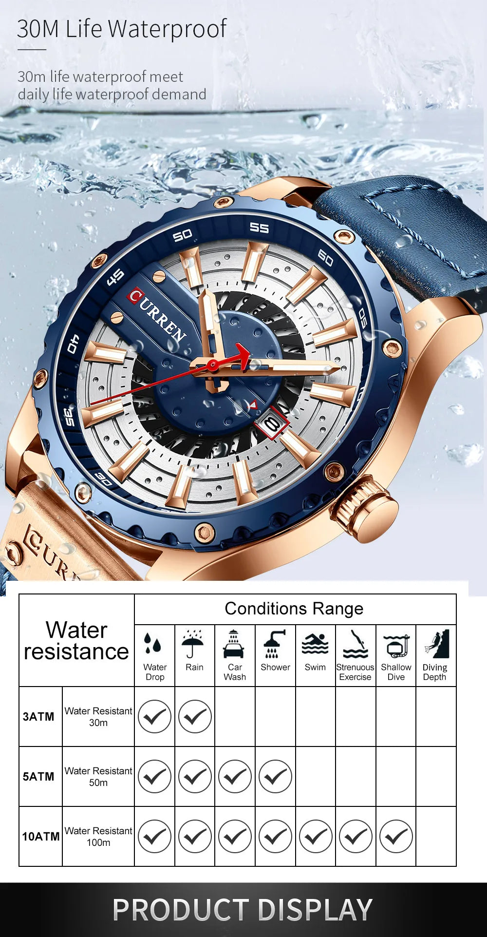 Wristwatch with blue and rose gold design, water resistance chart below.