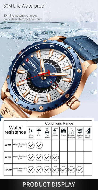 Wristwatch with blue and rose gold design, water resistance chart below.