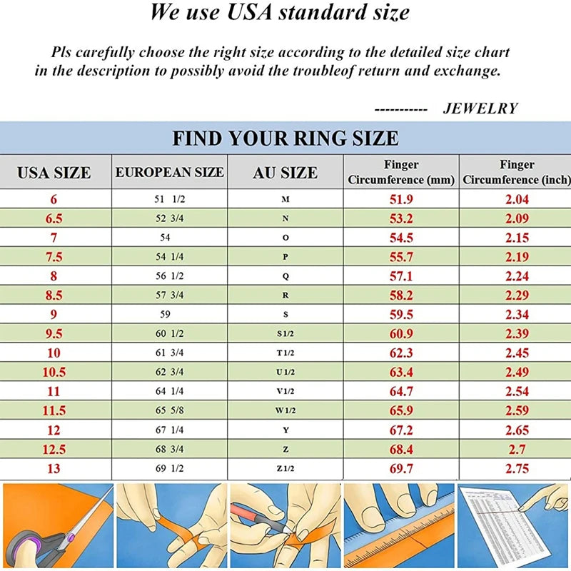 Ring size chart with measurements for various ring sizes.