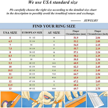 Ring size chart with measurements for various ring sizes.