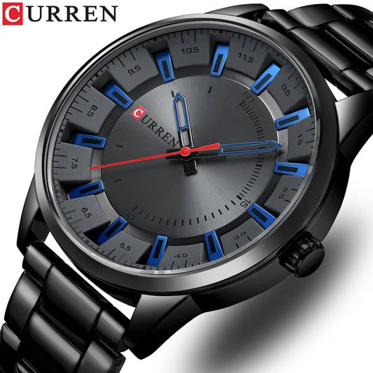 Black wristwatch with blue and red details on a white background, featuring the brand 'CURREN'.