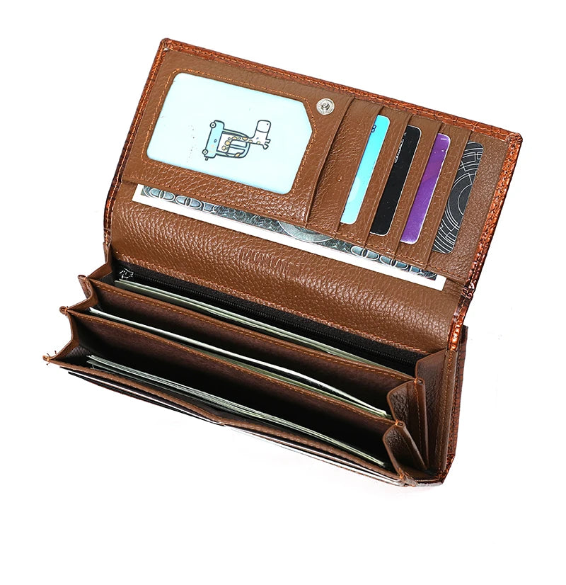 Brown leather wallet with card slots and money clip on a white background
