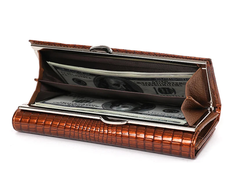 Brown leather wallet with money on a white background