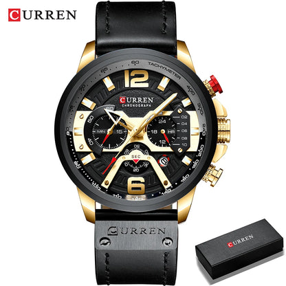 Curren watch with black leather strap and gold accents on a white background