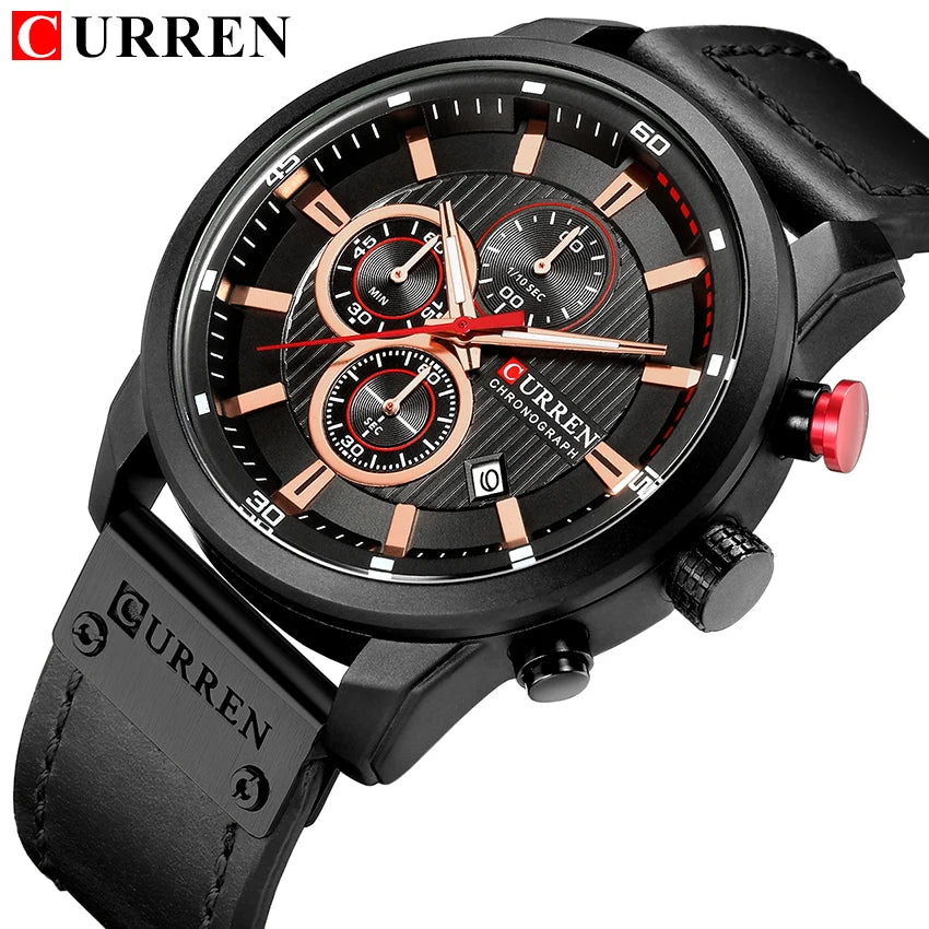 Black Curren watch with detailed face on a white background