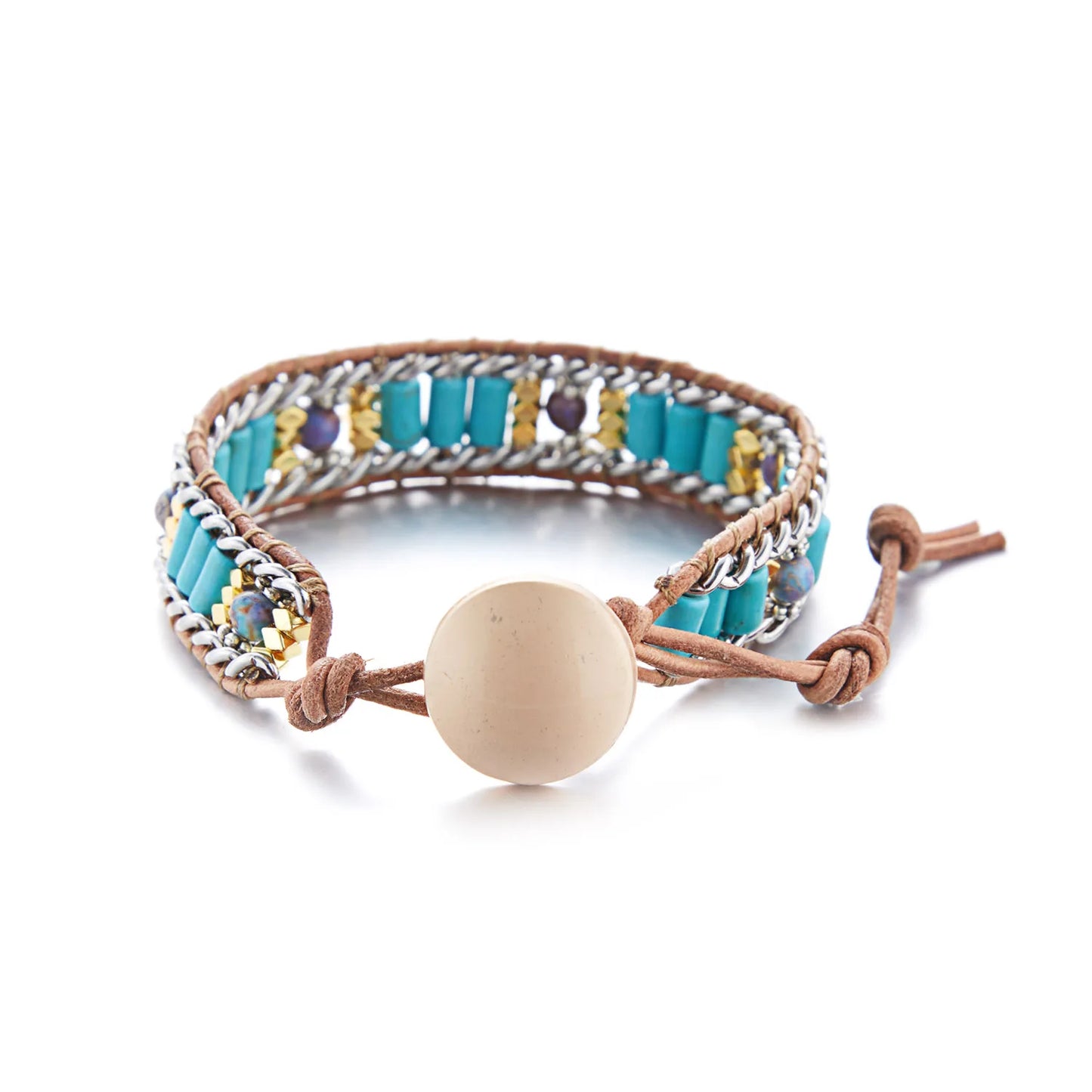 Multicolored beaded bracelet with a wooden bead on a white background