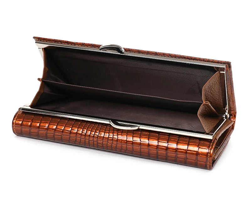 Brown clutch bag with a textured pattern on a white background