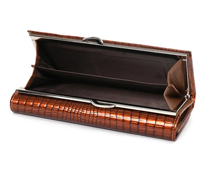 Brown clutch bag with a textured pattern on a white background