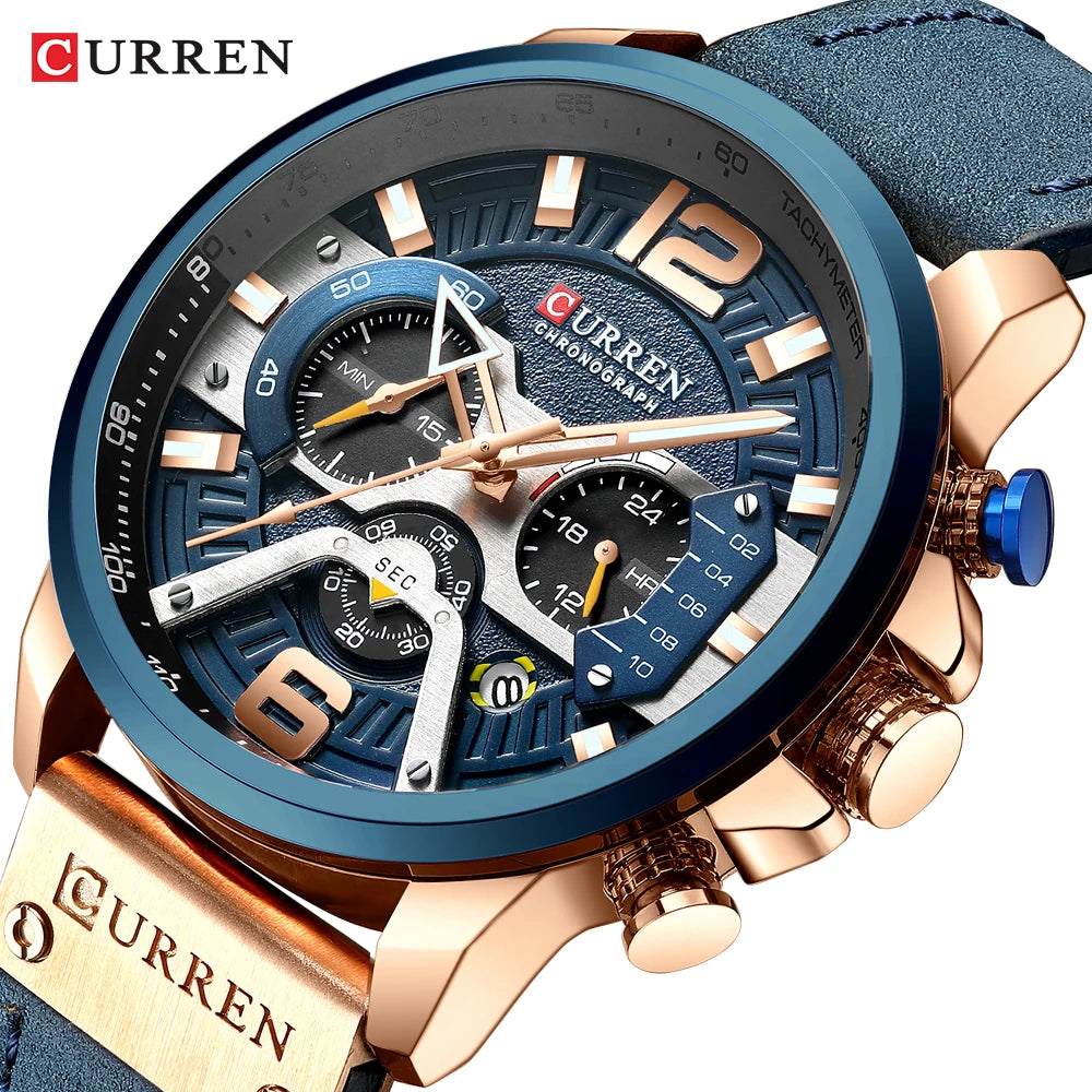 Curren watch with blue face and rose gold accents on a white background