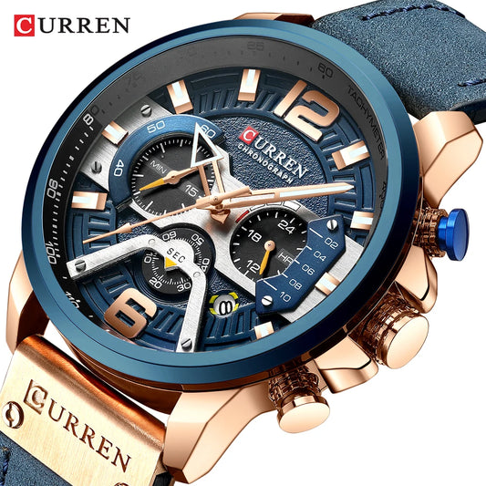 Curren watch with blue face and rose gold accents on a white background