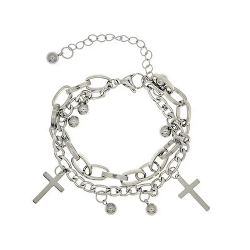 Stack of silver chain bracelets with cross charms on a white background