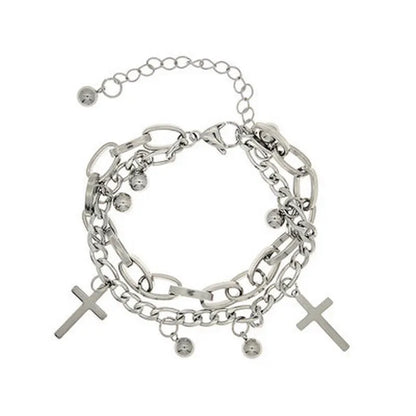 Stack of silver chain bracelets with cross charms on a white background
