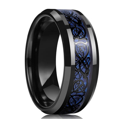 Black ring with blue dragon design on a white background