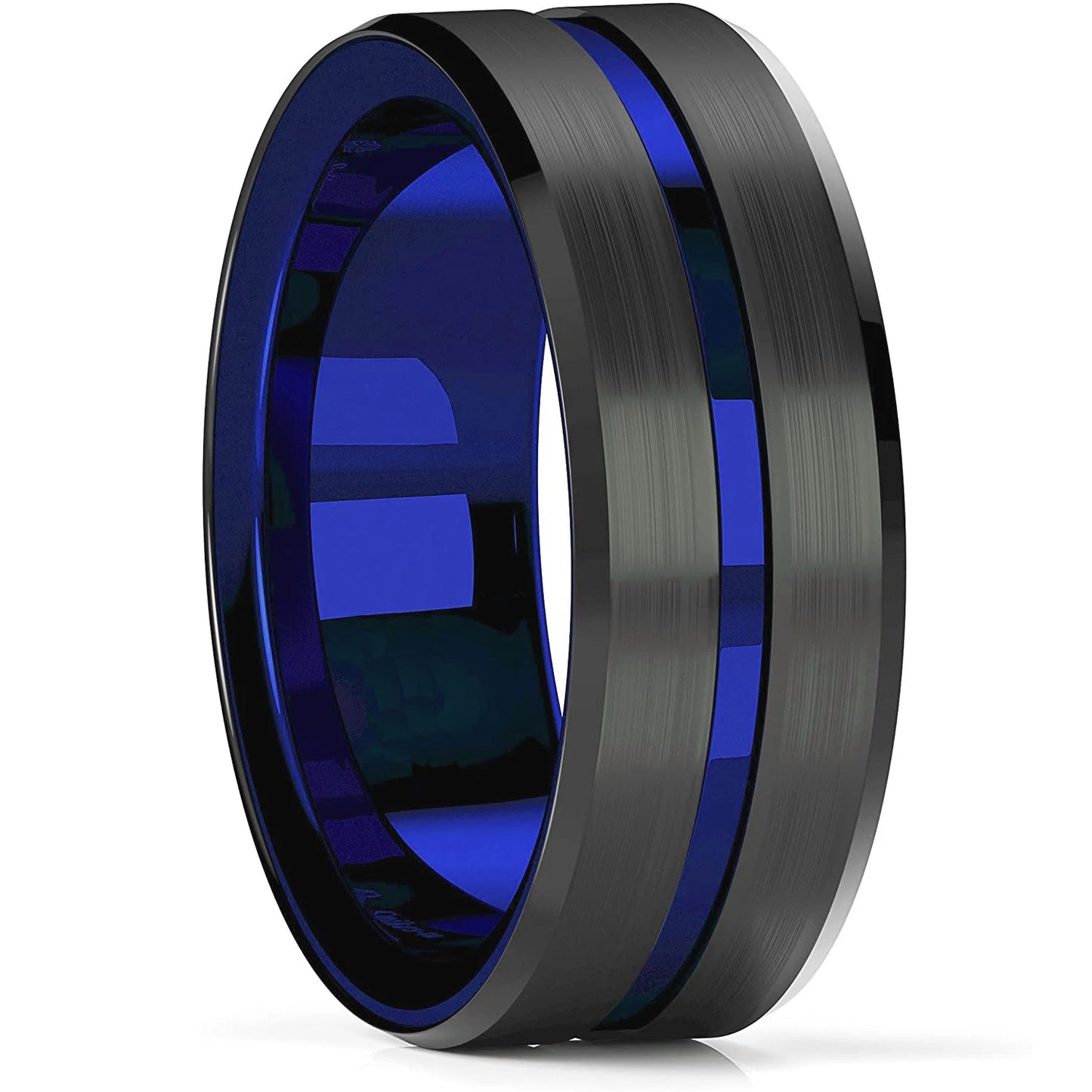 Two metallic rings with blue and black finish on a white background