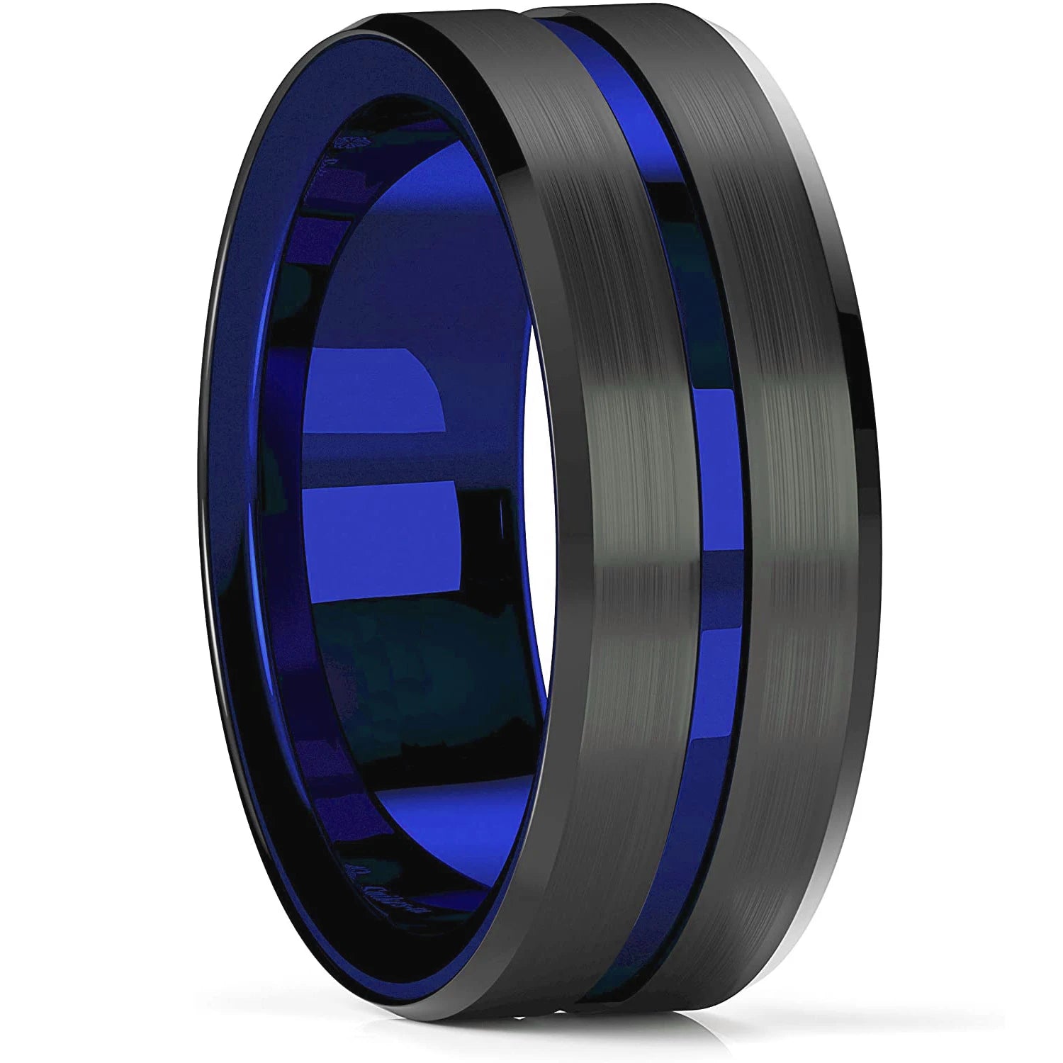 Two metallic rings with blue and black finish on a white background