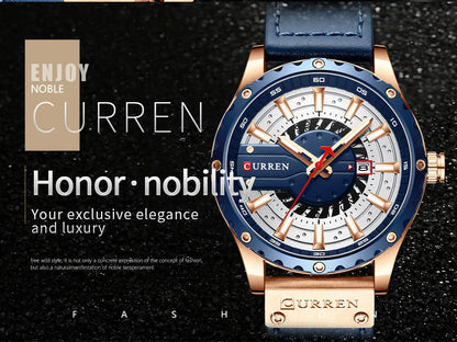 Glamorous watch with blue and rose gold design on a dark background, featuring the brand 'Curren'.