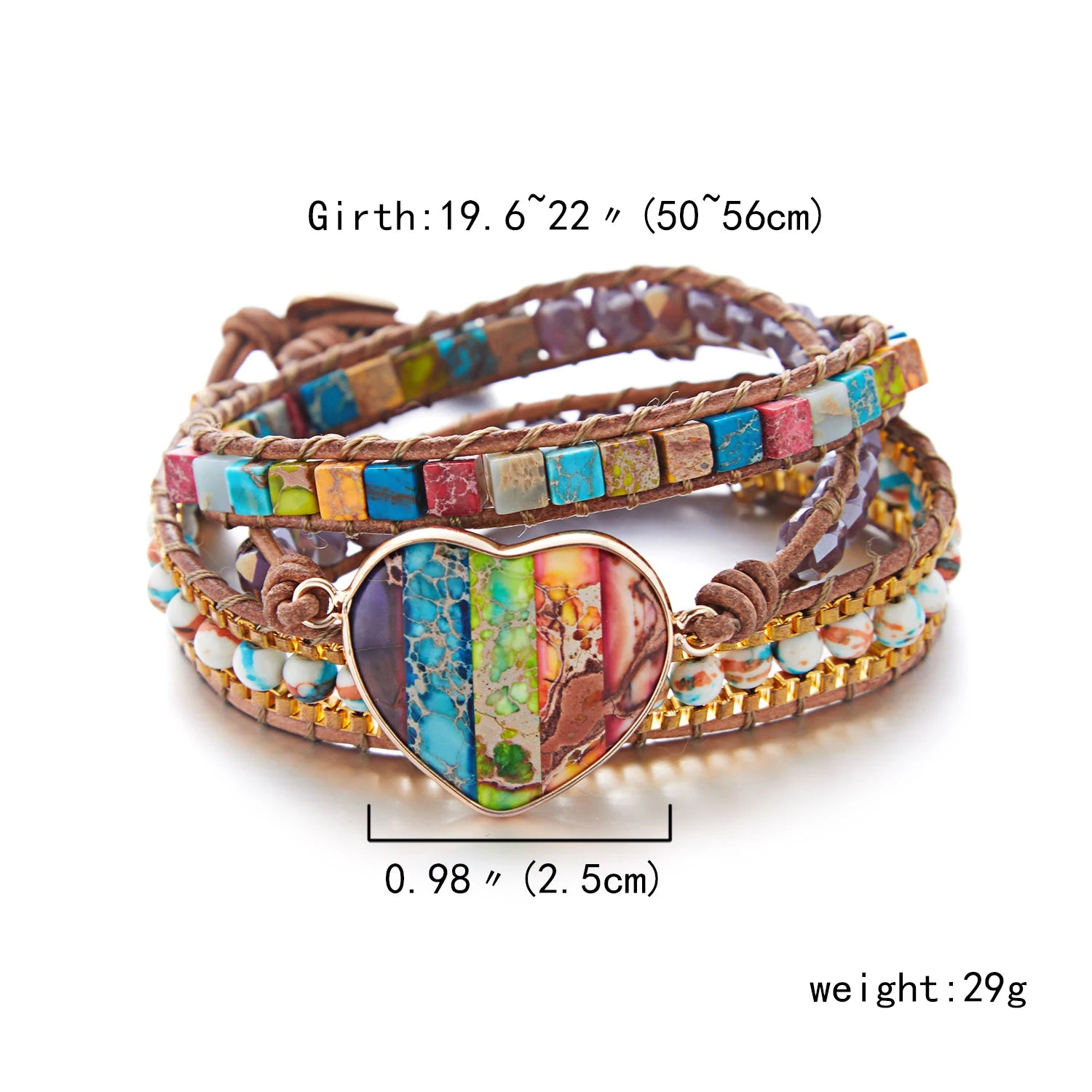 Multicolored beaded bracelet with heart-shaped charm on a white background