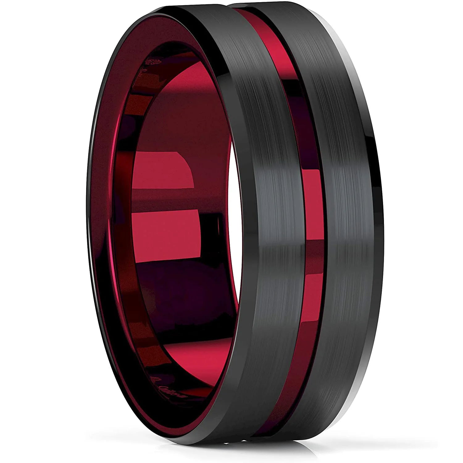 Ring with black and red metallic finish on a white background