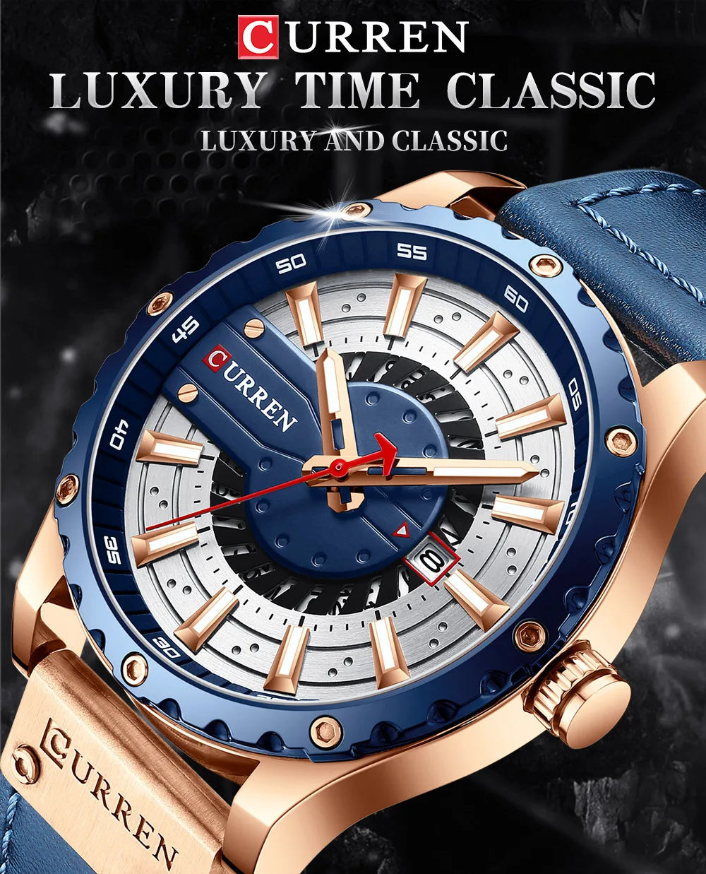Luxury watch with blue and rose gold design on a dark background, featuring the brand 'Curren'.