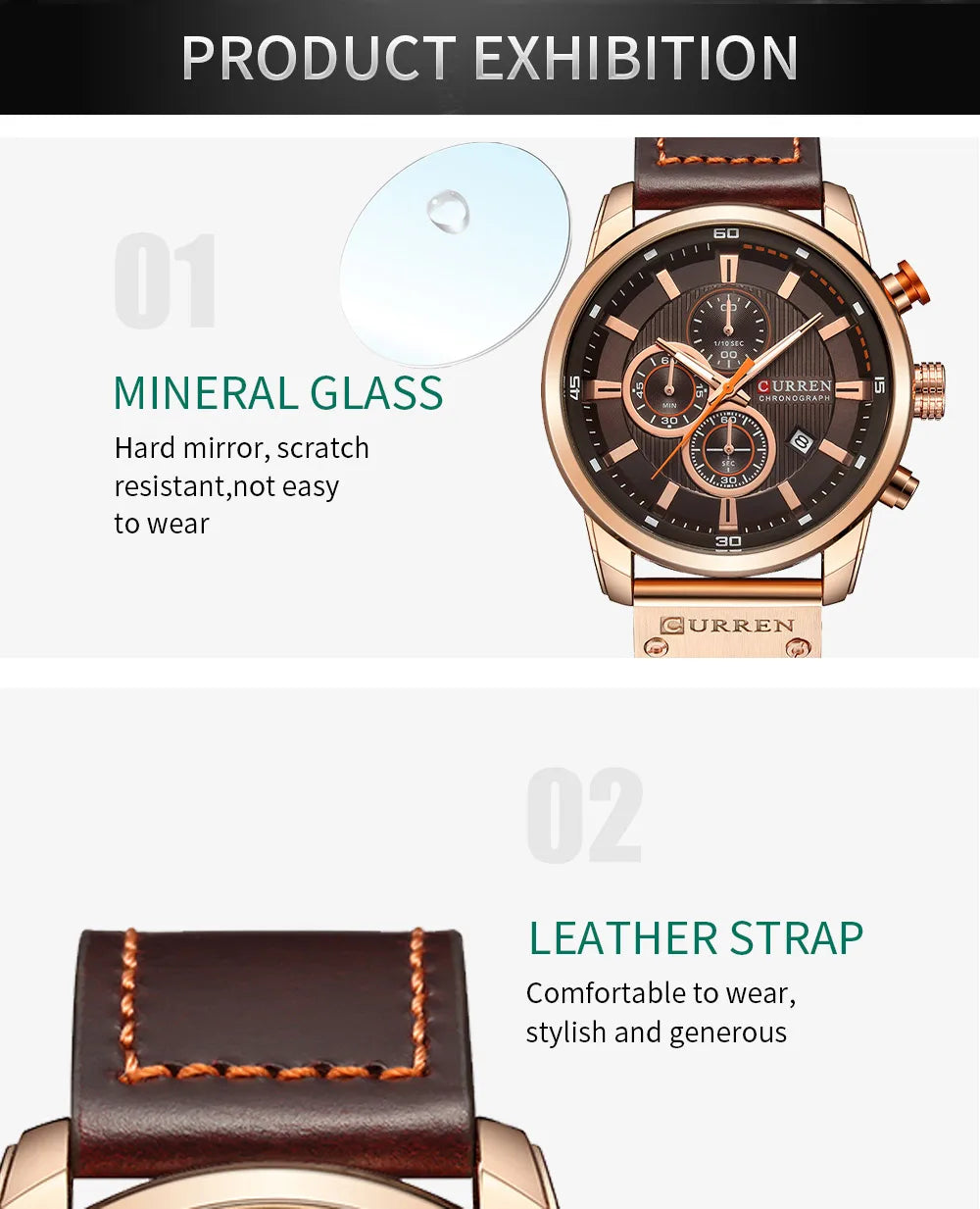 Curren watch with brown leather strap and rose gold case on a white background
