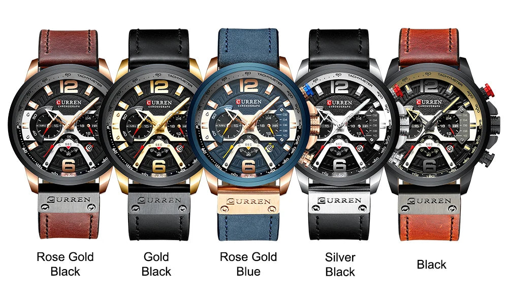 Five Curren watches in different color combinations on a white background