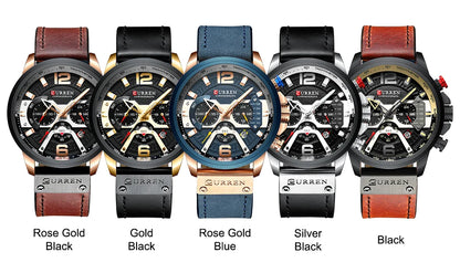 Five Curren watches in different color combinations on a white background