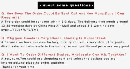 Text response to frequently asked questions about order processing, delivery time, product quality, and ordering multiple styles.