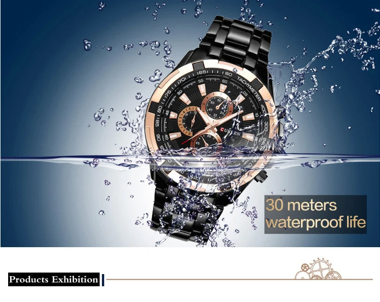 Black wristwatch with water splashes and '30 meters waterproof life' text on a blue background