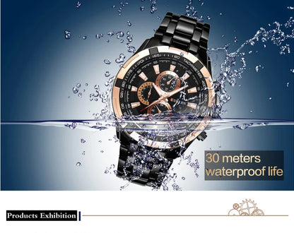 Black wristwatch with water splashes and '30 meters waterproof life' text on a blue background
