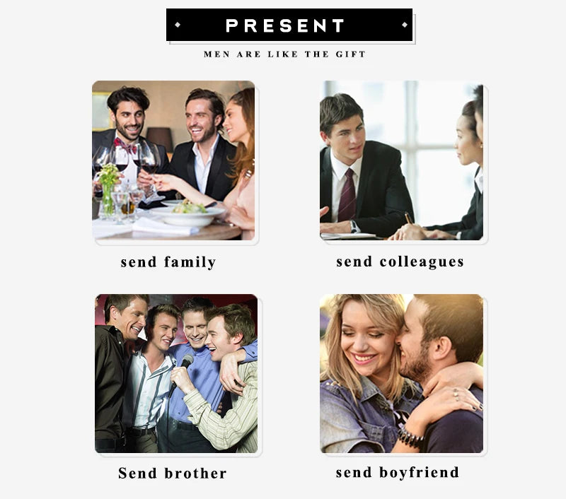 Advertisement with images of men interacting and text about sending gifts to different groups.