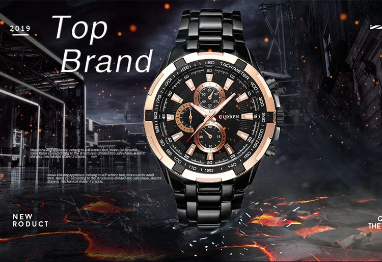Luxury watch with black and rose gold design on a dark background