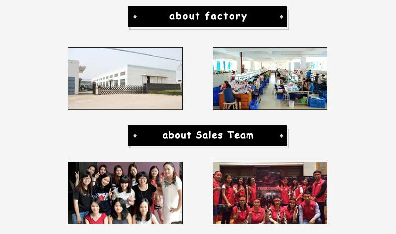 Section of a webpage about a factory and sales team with images and text.