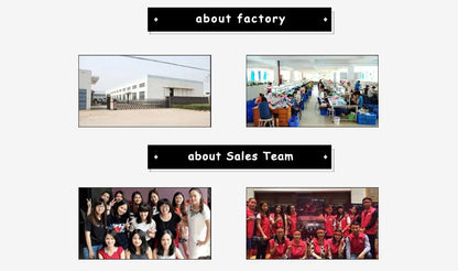 Section of a webpage about a factory and sales team with images and text.