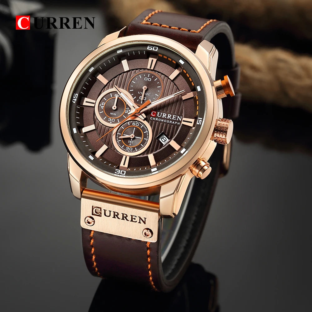 Curren watch with brown leather strap and rose gold accents on a dark background