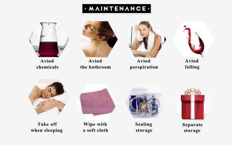 Illustrations of various care tips for a product, labeled 'Maintenance'.
