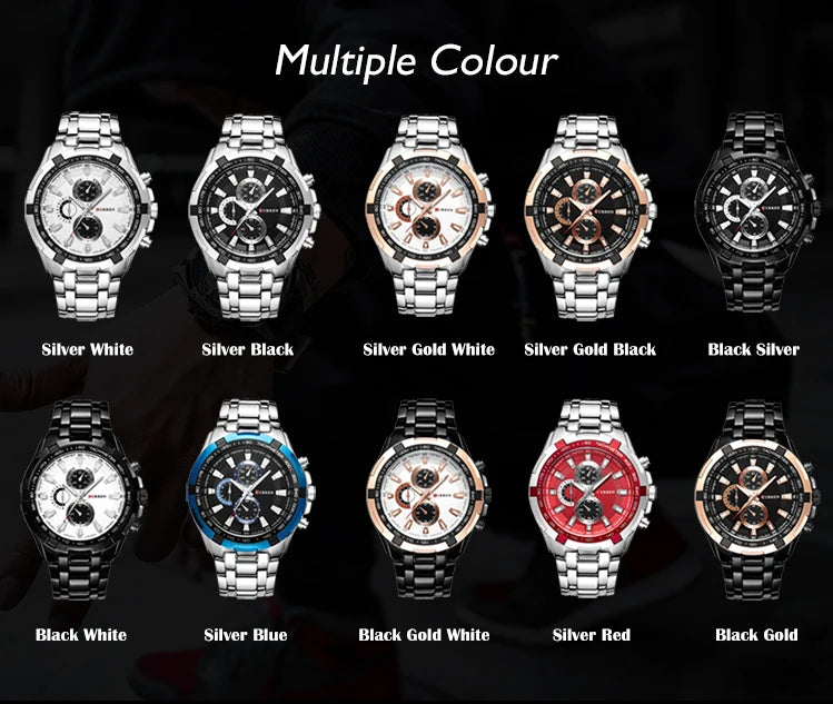 Various watches in different color combinations on a black background