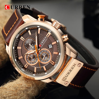 Luxury watch with brown leather strap and rose gold accents on a dark background