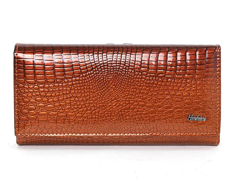 Brown textured wallet with a visible brand logo on a white background