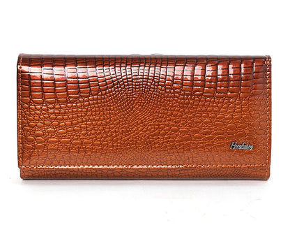 Brown textured wallet with a visible brand logo on a white background
